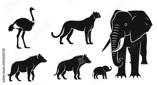 African Wildlife Silhouettes Set: Elephant, Cheetah, Ostrich, Hyena Vector Collection