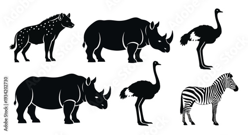 African Wildlife Silhouettes Set: Hyena, Rhino, Ostrich, and Zebra Vector Collection