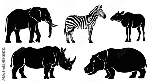 African Wildlife Silhouettes Set: Elephant, Zebra, Rhino, Hippo, Wildebeest Collection