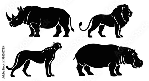 African Wildlife Silhouettes Set: Rhino, Lion, Cheetah, Hippo Vector Icons