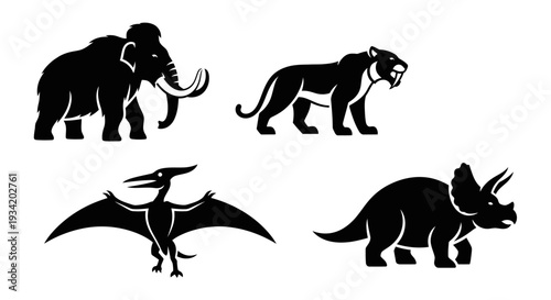 Ancient Prehistoric Animal Silhouettes: Mammoth, Saber-toothed Tiger, Pterodactyl, Triceratops