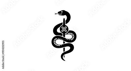 Stylized Black Snake Wrapped Around Rod of Asclepius Symbol.