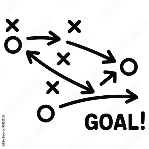 Soccer field strategy diagram with player positions and direction arrows vector illustration