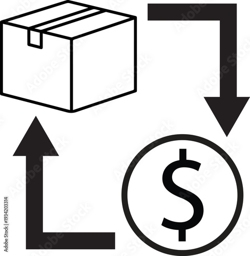 Cardboard box and dollar coin cycle icon for shipping logistics, cash flow, and eCommerce concepts