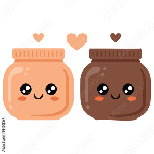 Couple of jars with peanut butter and chocolate cream in cartoon style vector illustration