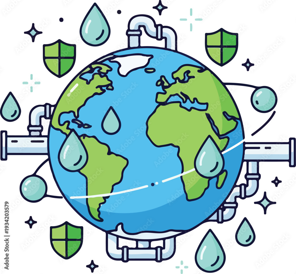 Naklejka premium Global Water Conservation Efforts Illustrated through Shields and Droplets surrounding the Earth
