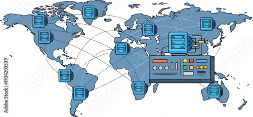 Global Network Connection with Servers and Data Transfer Across Continents