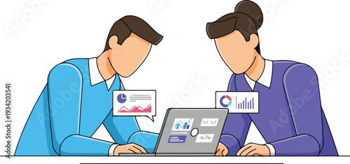 Two professionals collaborating on a project using a laptop with various graphs and charts displayed on the screen in a modern office setting viewed from the side