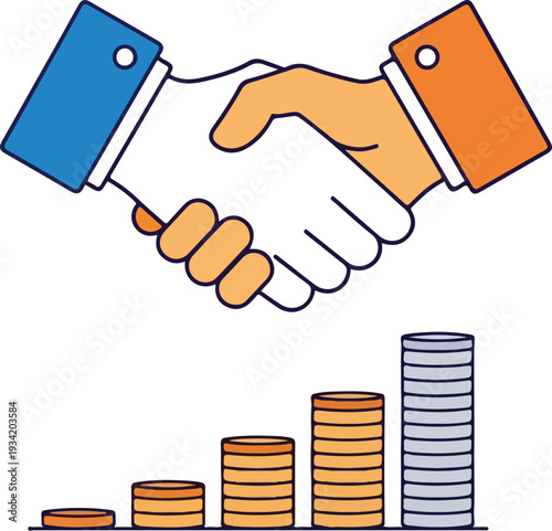 Business partnership handshake with financial growth illustrated through increasing coin stacks