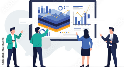 Professionals analyzing data on a large digital display with graphs and charts