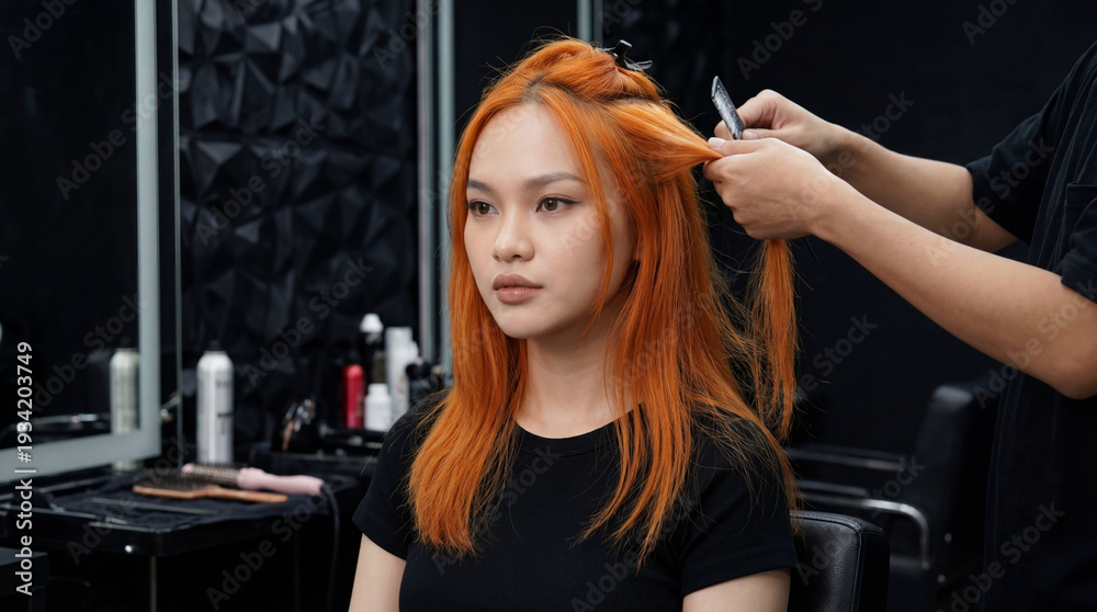 Fototapeta premium Close Up Woman Caring for Colored Hair in Beauty Salon”.