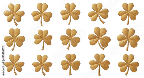 Golden 3D shamrock pattern, metallic clover leaves, St. Patrick's Day background, A collection of fifteen golden 3D shamrock symbols arranged in a uniform grid pattern against a white background. 