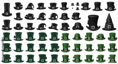 Black and green St. Patrick's Day hats Vector Icon Sheet,  3D rendered St. Patrick's Day hats in various styles, split evenly between black and green colors, isolated on a white background.