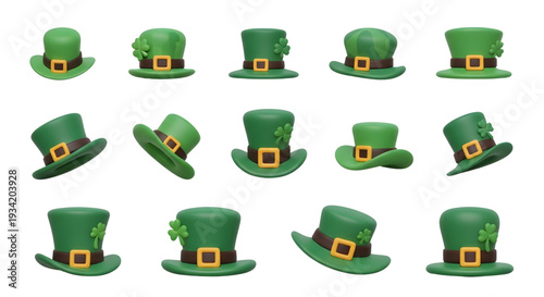 Set of green leprechaun top hats shown from various angles,  A set of identical 3D rendered green leprechaun top hats displayed from multiple different angles and perspectives, 