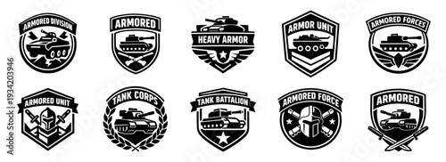 Armored division military badge in black. Heavy armor emblem with tank symbol and battlefield power