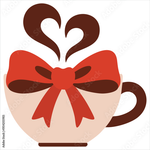 Small cute mug of coffee wrapped with ribbon and heart shaped steam vector illustration