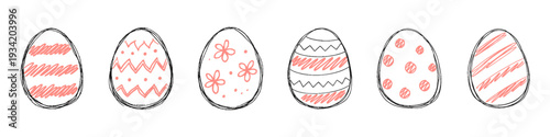 Easter egg sketch collection. Hand drawn decorated eggs with stripes dots and floral ornaments. Minimal spring holiday illustration set