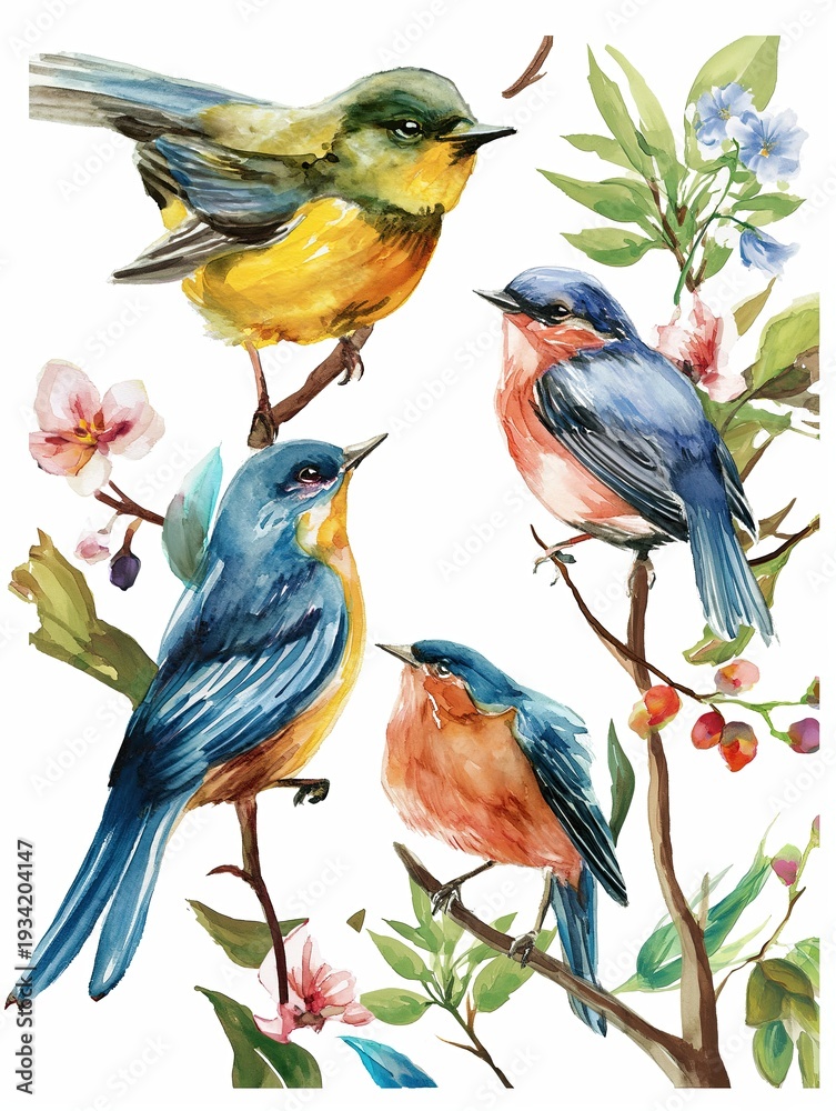 Obraz premium Watercolor image of birds on a white background.