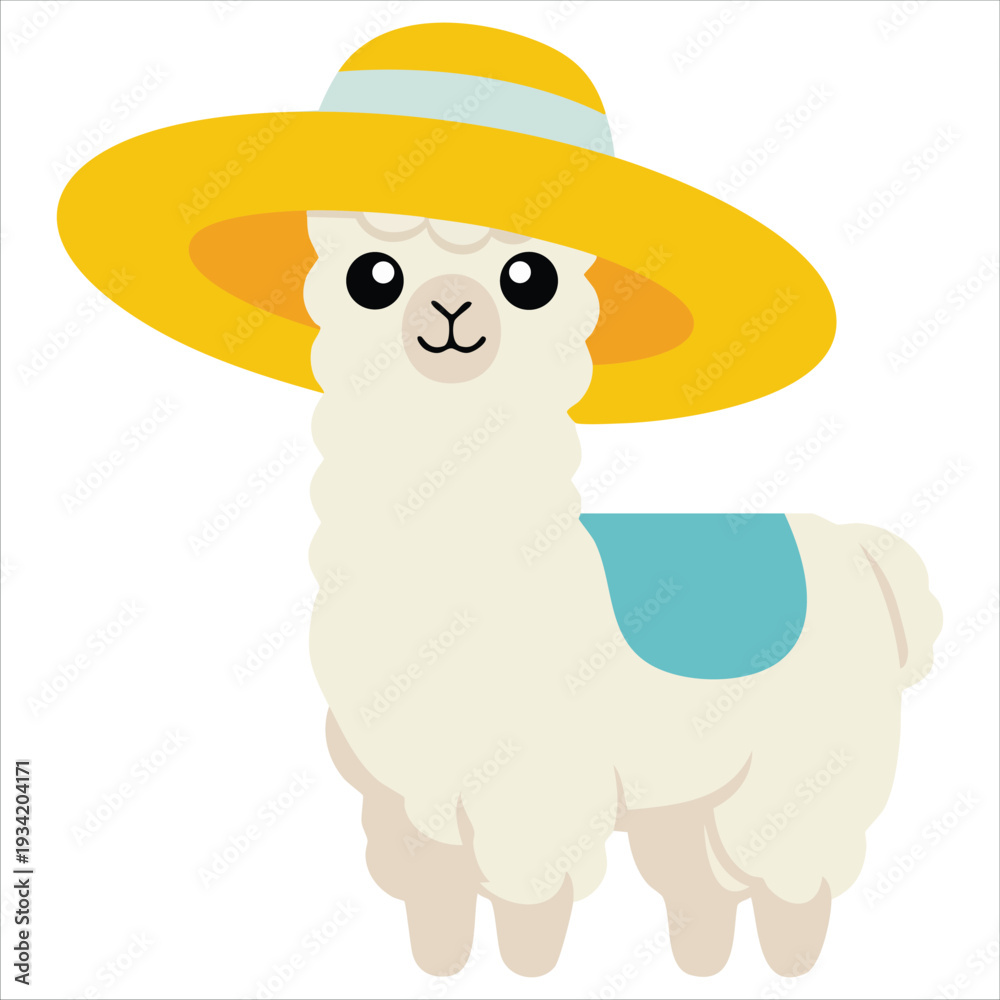 Fototapeta premium White fluffy llama in a hat vector illustration on white background