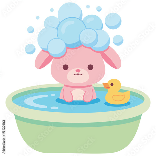 Cute pink bunny takes a bubble bath vector illustration on white background