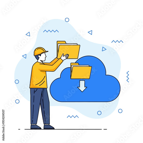 Cloud computing concept with tiny engineer character uploading file folder to server symbolizing data storage and digital backup