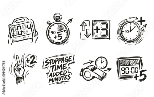 Added Time Indicator World Cup Soccer Championship Match Officiating Clock Vector Set