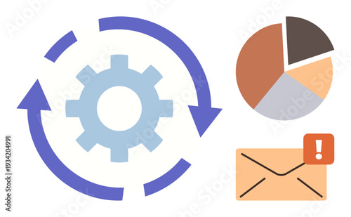 Business workflow, data analysis, alert management, system updates, productivity, team communication. Gear and arrows with a pie chart and email notification. Business workflow and data analysis