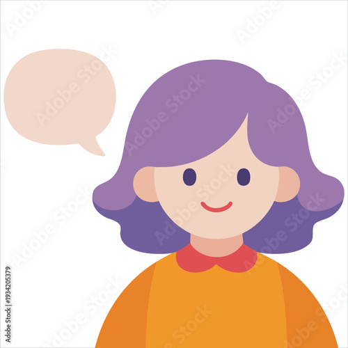 Girl with speech bubble thoughts in head chatting and speaking flat vector illustration