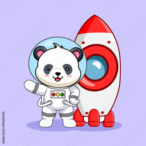 Cute Astronaut Panda Ready To Launch Rocket Vector Illustration Kawaii