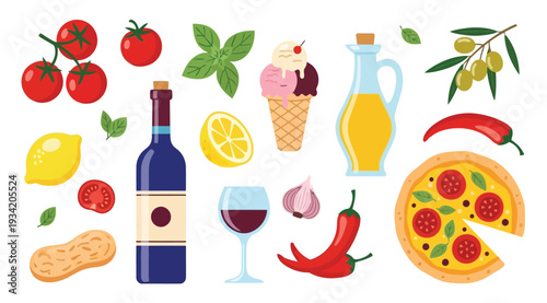 A colorful illustration of various food and drink items including pizza, wine, ice cream, and fresh vegetables on a white background