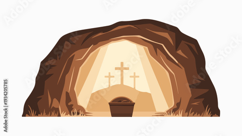 Easter tomb with crosses sunrise light empty grave symbolizing resurrection and hope in a serene natural setting