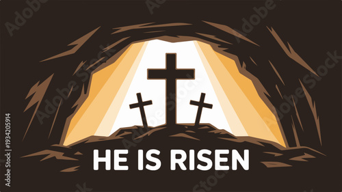 Easter resurrection scene with crosses in cave he is risen symbol christian faith and spirituality concept