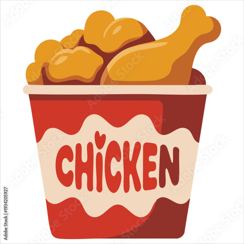 Flat cartoon style vector icon illustration of flying fried chicken with bucket fast food design on white background