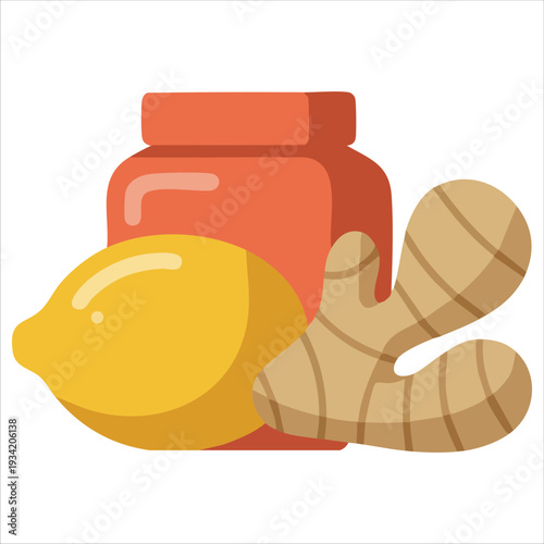 Vector illustration of natural medicine logo design with lemon ginger berry jam and honey for flu prevention on white background