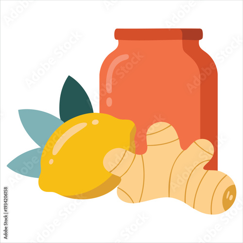 Isolated flat icon design of natural treatment logo with lemon ginger honey and berry jam for cold medicine on white background