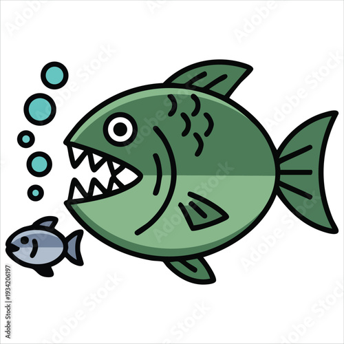 Vector illustration of big fish eating small fish in cartoon style isolated on white background