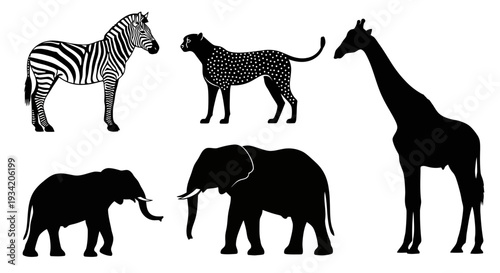 Collection of African Wildlife Silhouettes: Zebra, Giraffe, Elephant, Leopard