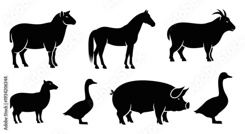 Collection of Farm Animals Silhouettes: Livestock Icons Including Sheep, Horse, Pig, Goat, Duck, Goose