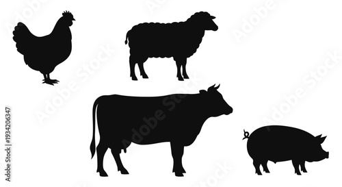 Collection of Farm Animal Silhouettes: Chicken, Sheep, Cow, and Pig on White Background