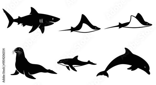 Collection of Marine Animals Silhouettes: Shark, Rays, Seal, and Dolphins Vector Icons