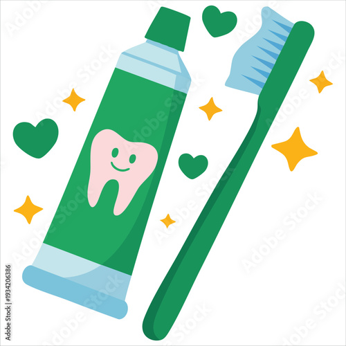Flat vector illustration of cute hand drawn toothbrush and paste with smiling tooth for dental care concept on white background