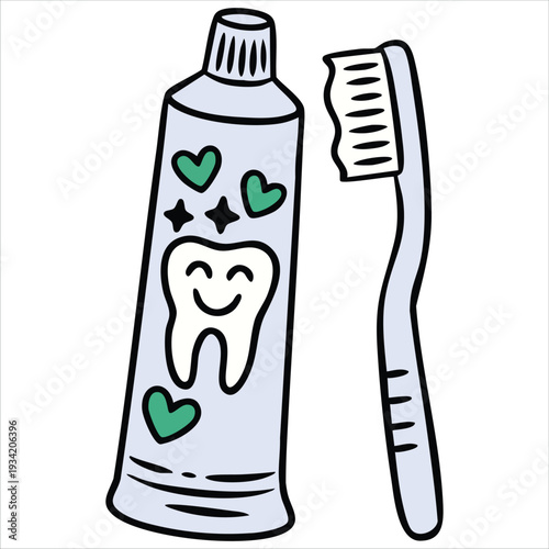 Isolated vector design of cute smiling tooth with toothbrush and paste hand drawn for dental health on white background