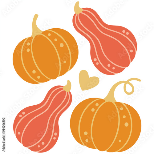 Hand drawn flat vector illustration of cute pumpkins for Halloween harvest and autumn concept on white background