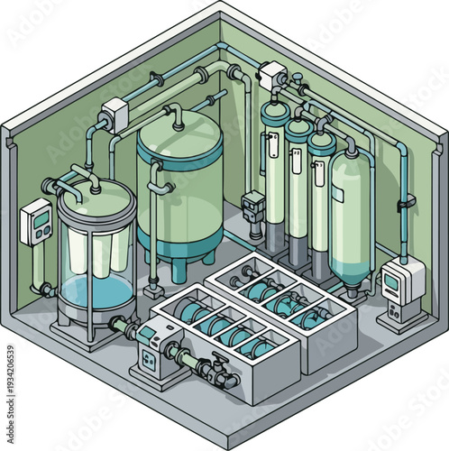 Isometric illustration of industrial water treatment system components and pipes in a facility viewed from above