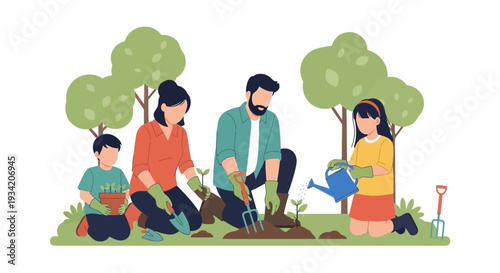 Family planting trees and gardening outdoors, promoting enviroment and esg values