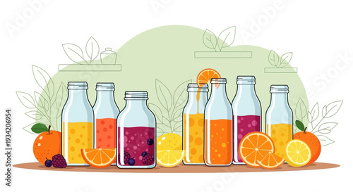 Assorted Fresh Fruit Juices in Glass Bottles with Slices and Berries