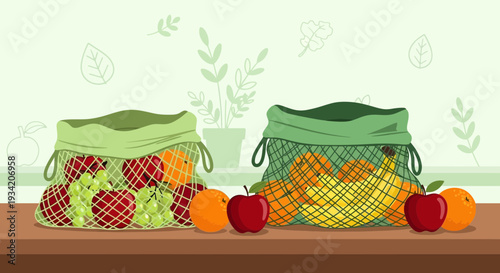 Eco-friendly reusable produce bags filled with fresh fruits, zero waste shopping concept