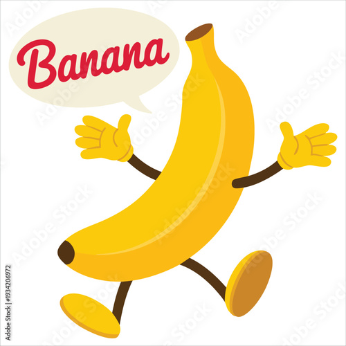 Vector illustration of funny smiling banana waving in cartoon style with handwritten text on white background