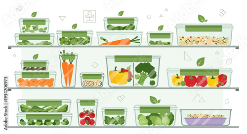 Fresh Vegetables and Grains in Reusable Food Containers on Shelves