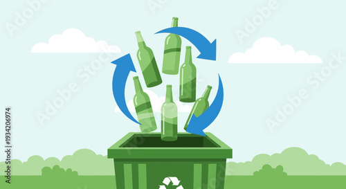 Glass Bottle Recycling Symbol with Green Bottles and Recycling Bin